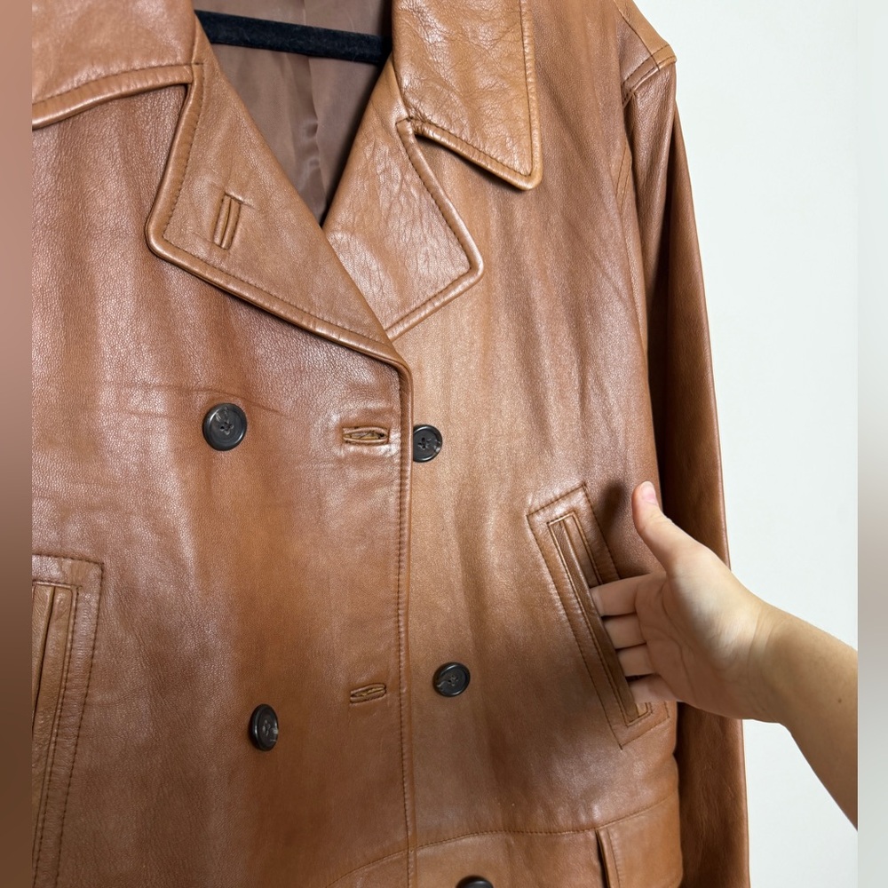 RARE ralph lauren 100% leather field coat workwear double breasted jacket sz 12 - Picture 3 of 10